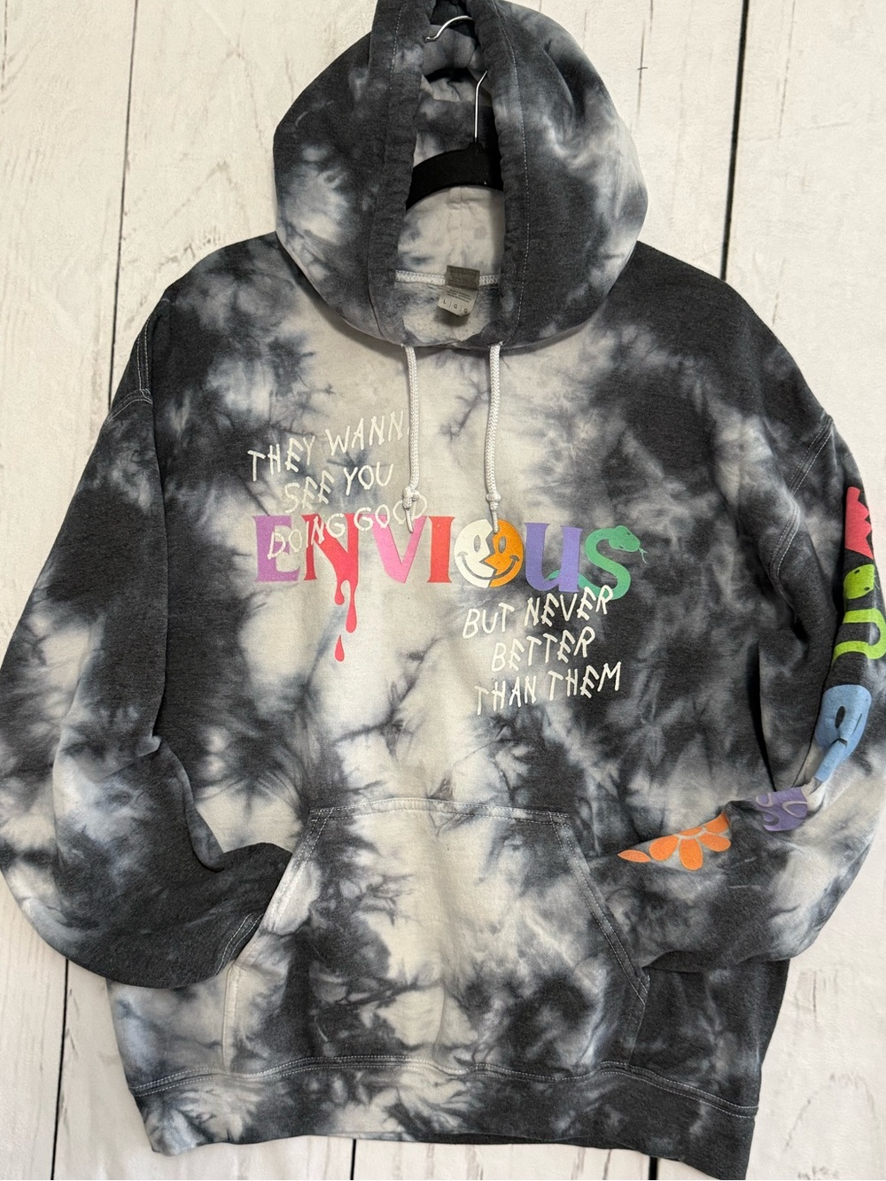 Envious Tie Dye Graphic Hoodie Y2K Grunge Streetwear Large